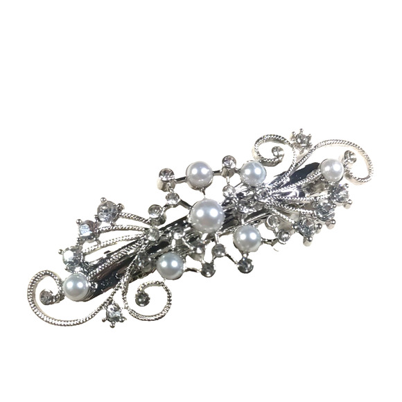 Stars Ablaze Hair Barrette Tension Clip Silver Tone Faux Pearls Party Wedding - Picture 2 of 6